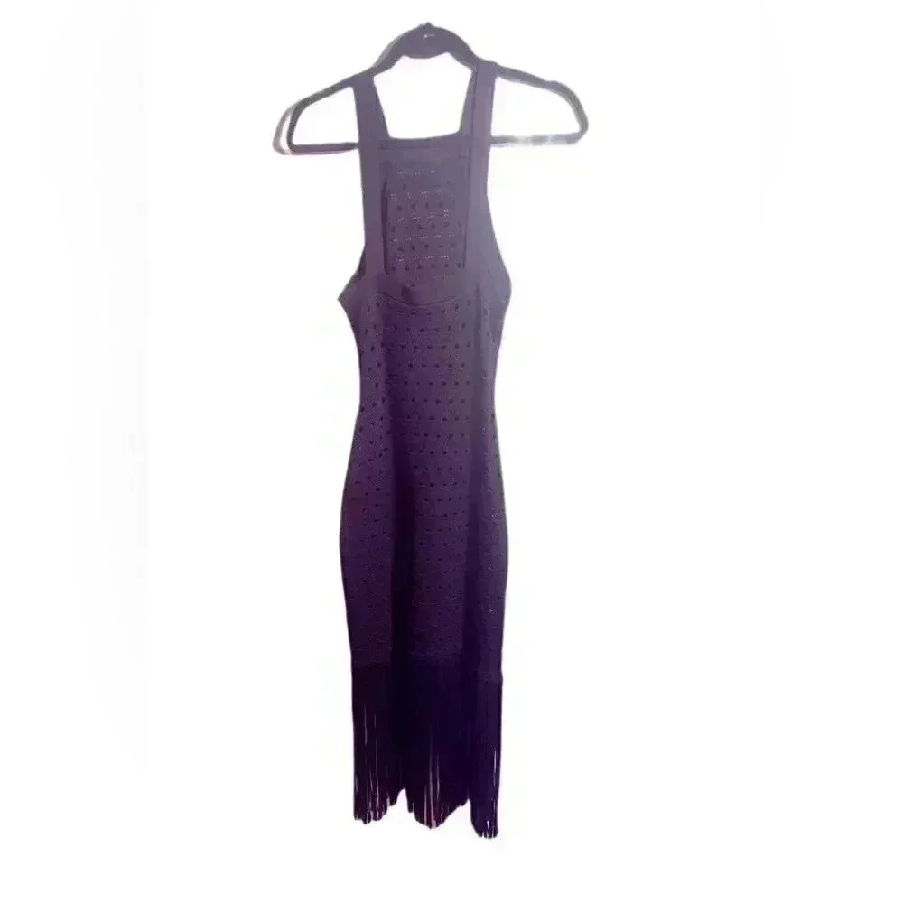 Sandro Black Fringe Hem Maxi Dress | Sleeveless High Neck 38 - Picture 3 of 6
